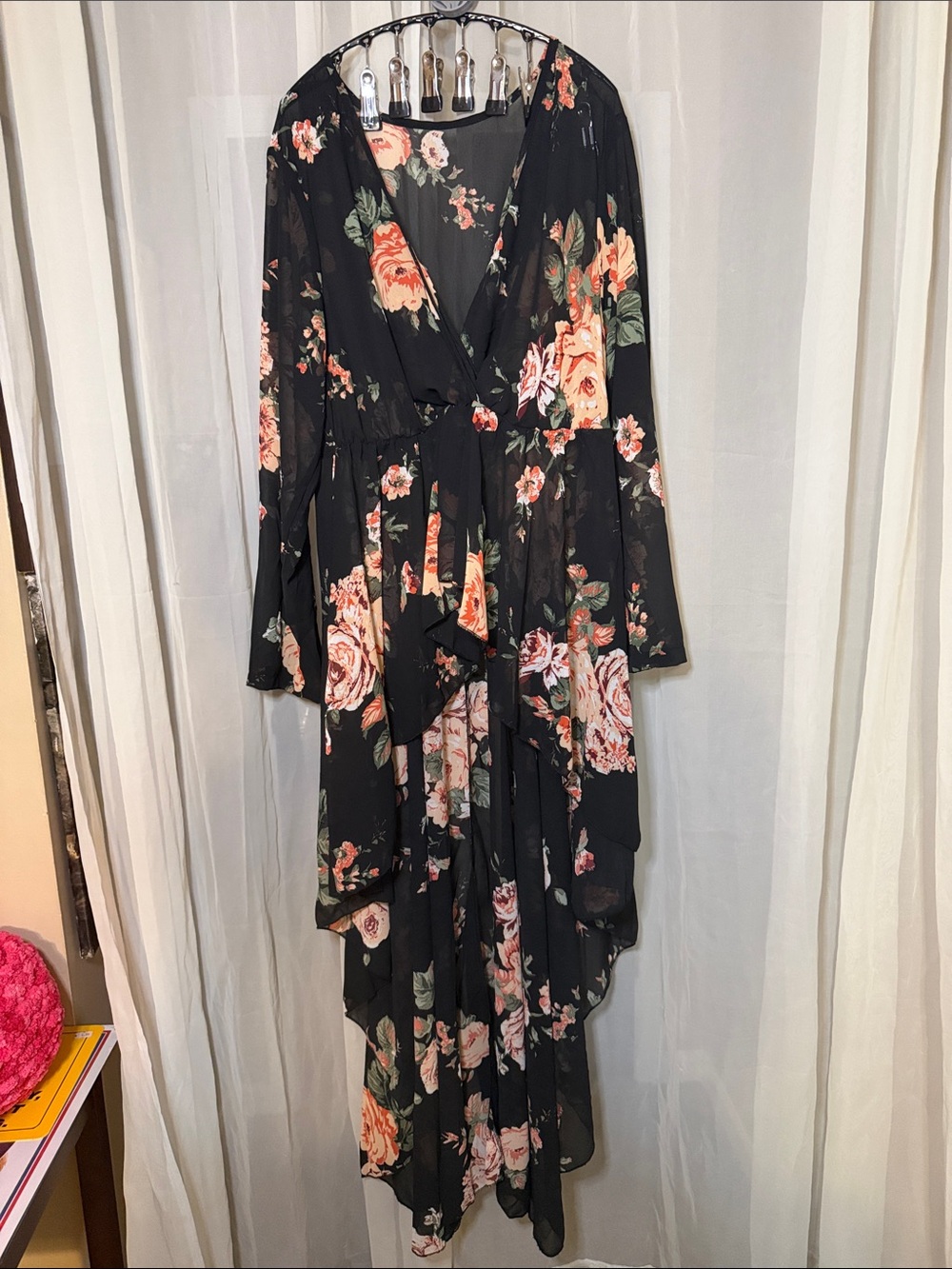 SHEIN Black Floral High Low Sheer Blouse